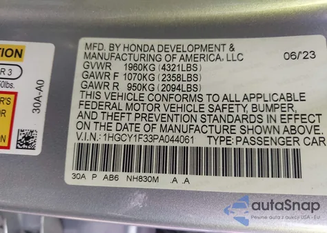 2023 Honda Accord Ex from USA, damaged, VIN 1HGCY1F33PA044061